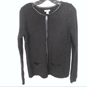 OLD NAVY | Black Knit Leather Trim Zip Cardigan